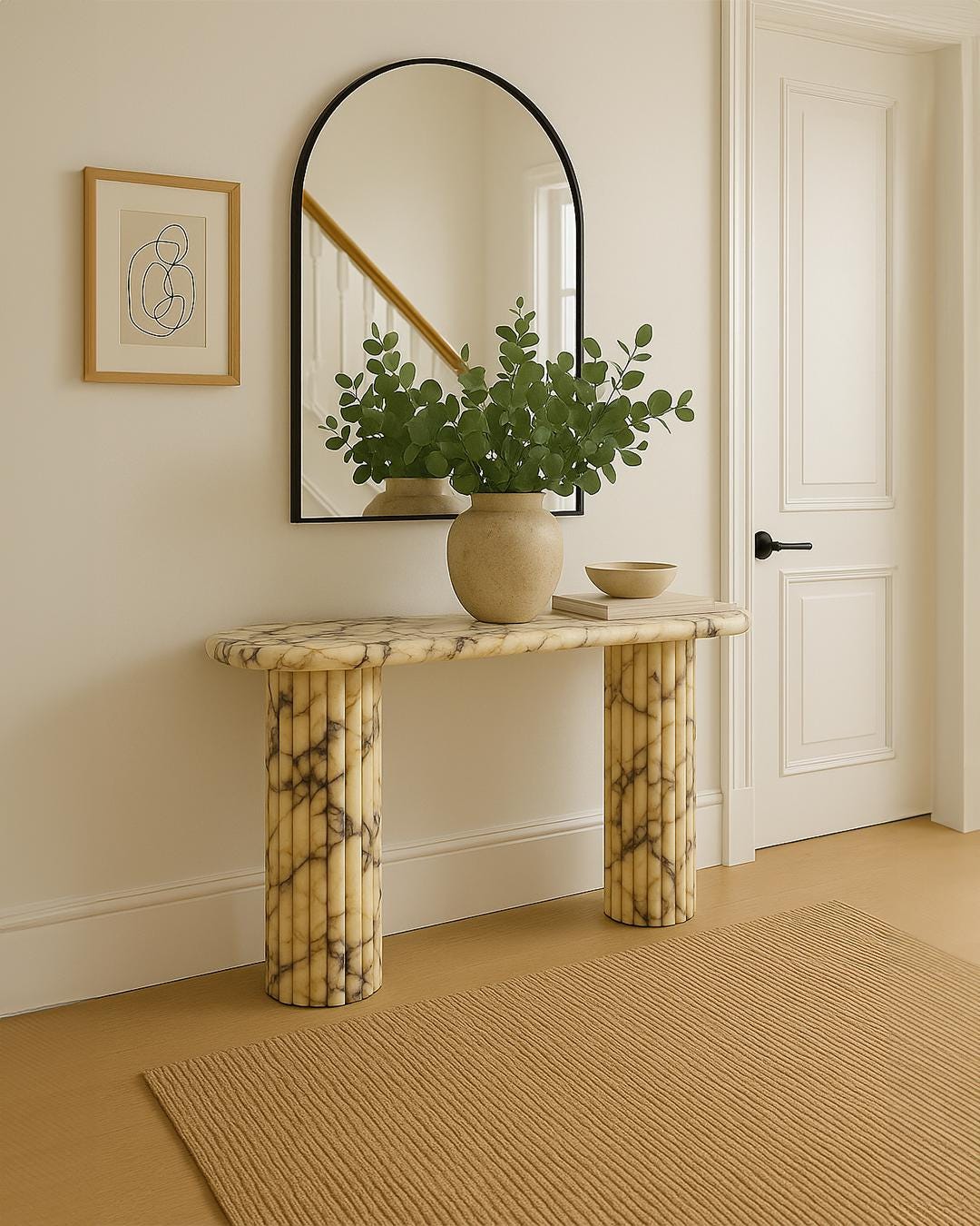 Entryway Console Table: Fluted Column Legs, Handmade Calacatta Marble, Luxury Hallway Table