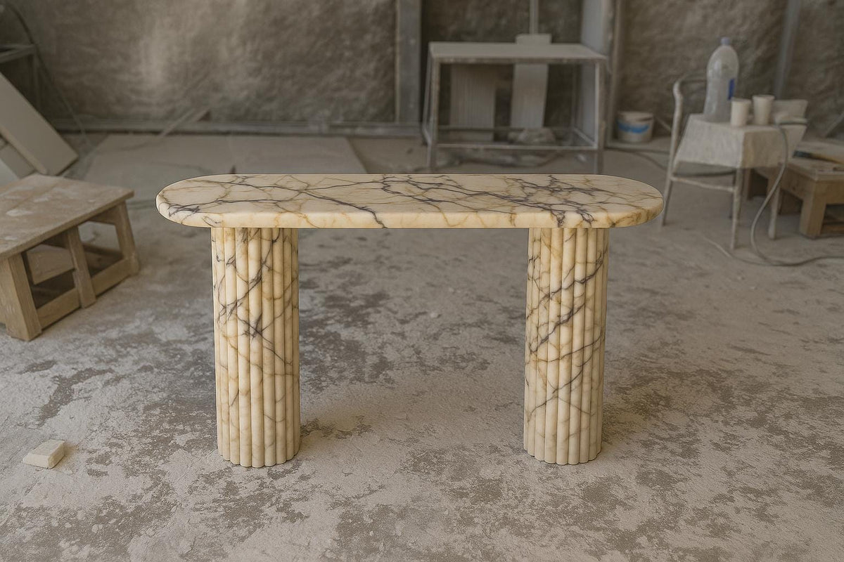 Entryway Console Table: Fluted Column Legs, Handmade Calacatta Marble, Luxury Hallway Table