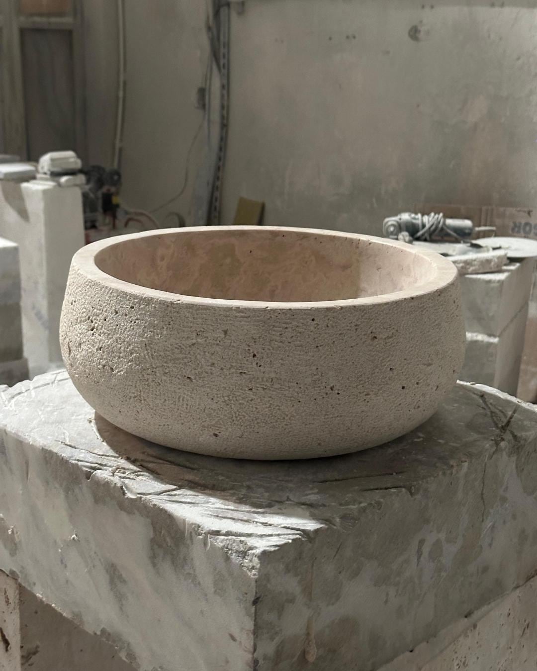 Handmade Travertine Sink Luxury Bathroom Natural Stone Round Basin Handcrafted Custom Size Vanity Sink