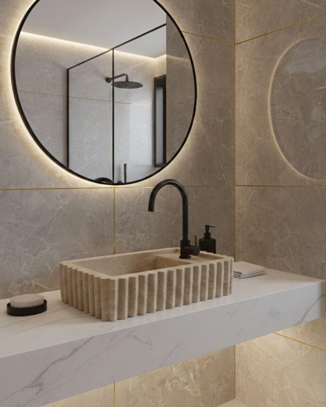 Handmade Fluted Travertine Marble Sink, Natural Stone Vessel , Ribbed Bathroom Vanity Basin, Hand-Carved Sink