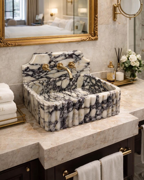 Calacatta Viola Marble Backsplash Sink Luxury Bathroom Vanity Handmade Stone Wall Mount Basin