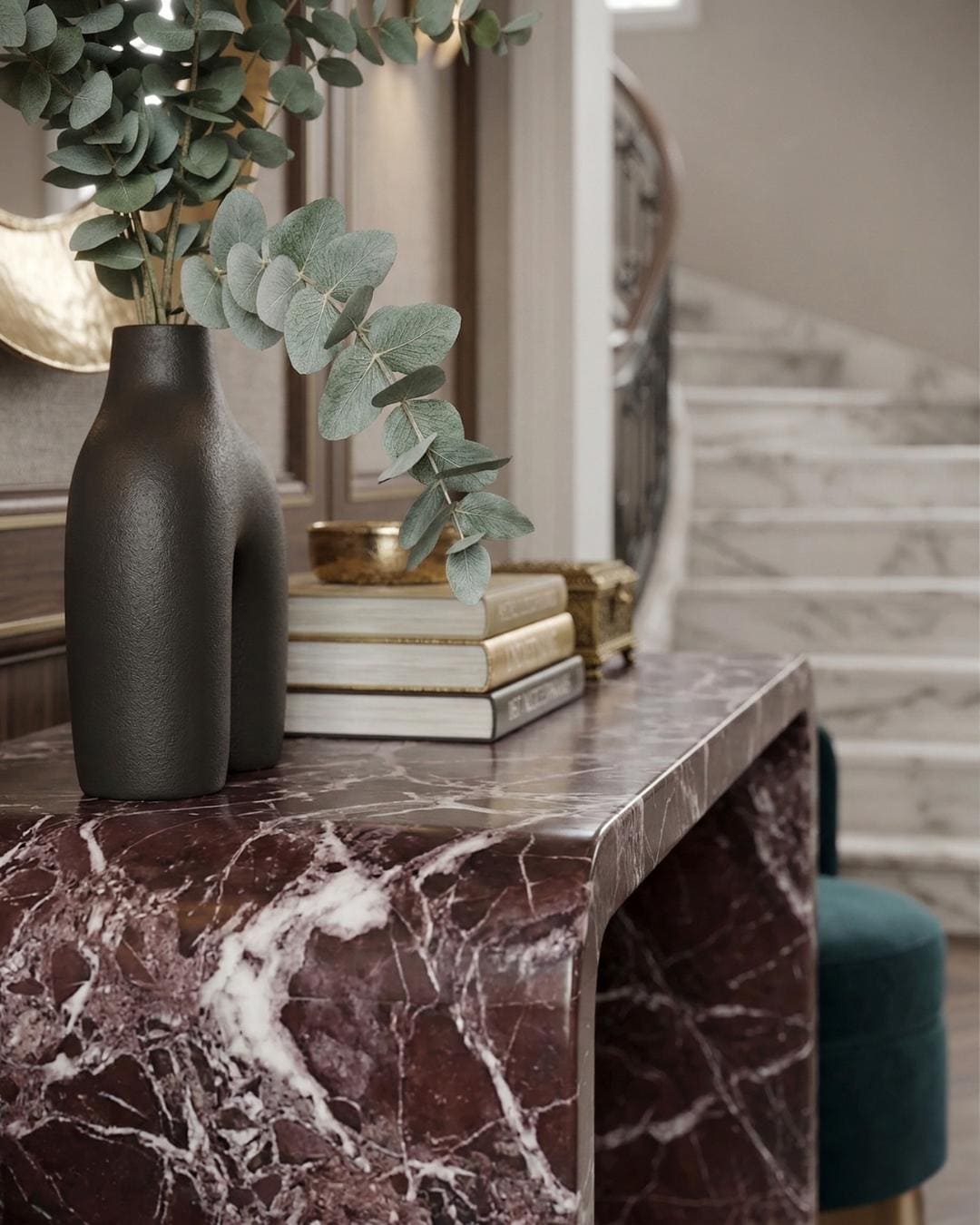 Rosso Levanto Marble Console Table, Curved Entryway Hallway, Luxury Stone Dressing