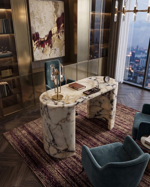 Calacatta Viola Marble Console Table, Sculptural Stone Desk, Luxury Entryway Furniture