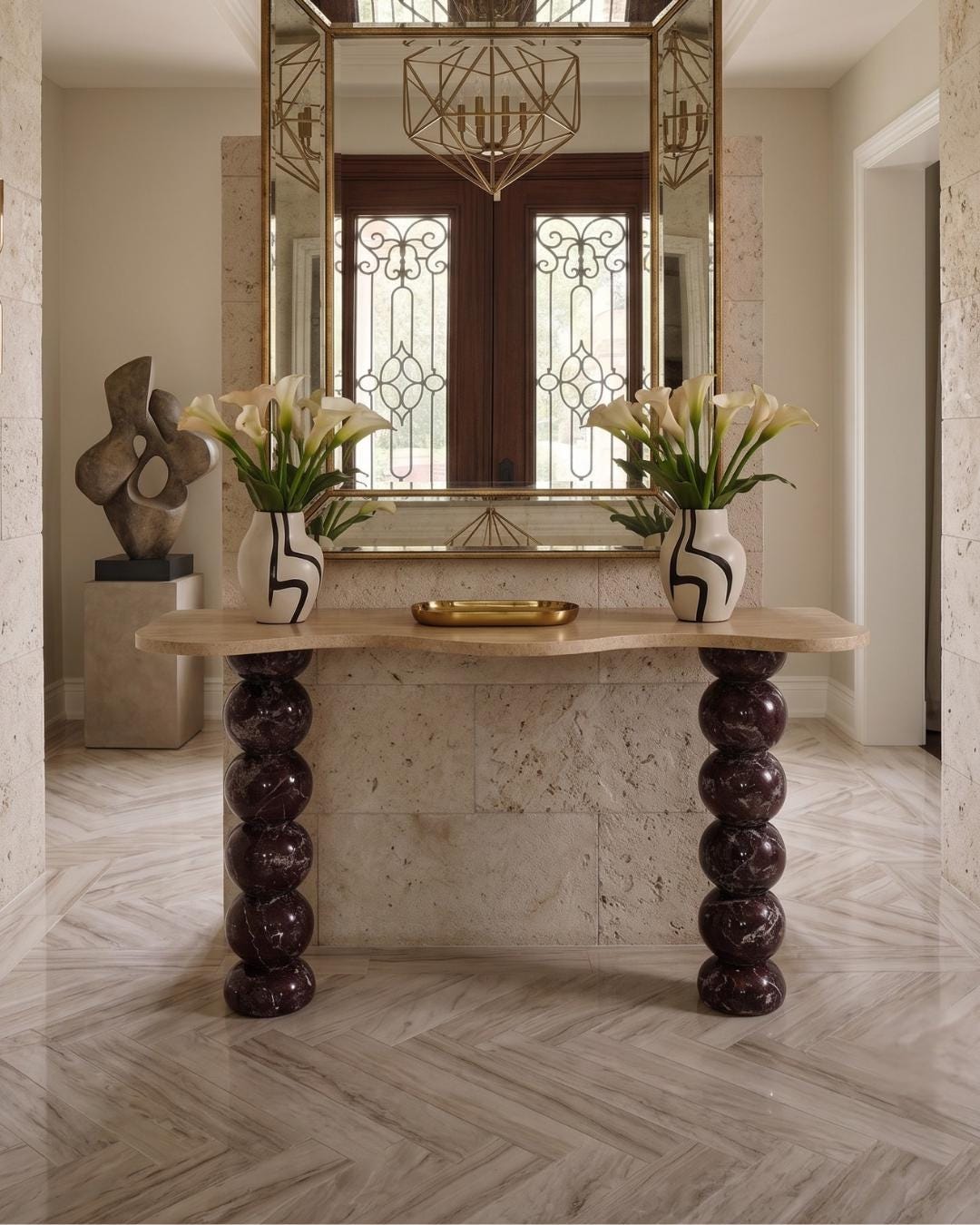 Handmade Rosso Levanto Travertine Marble Console Table, Modern Entryway Table Luxury Home Furniture Dresser