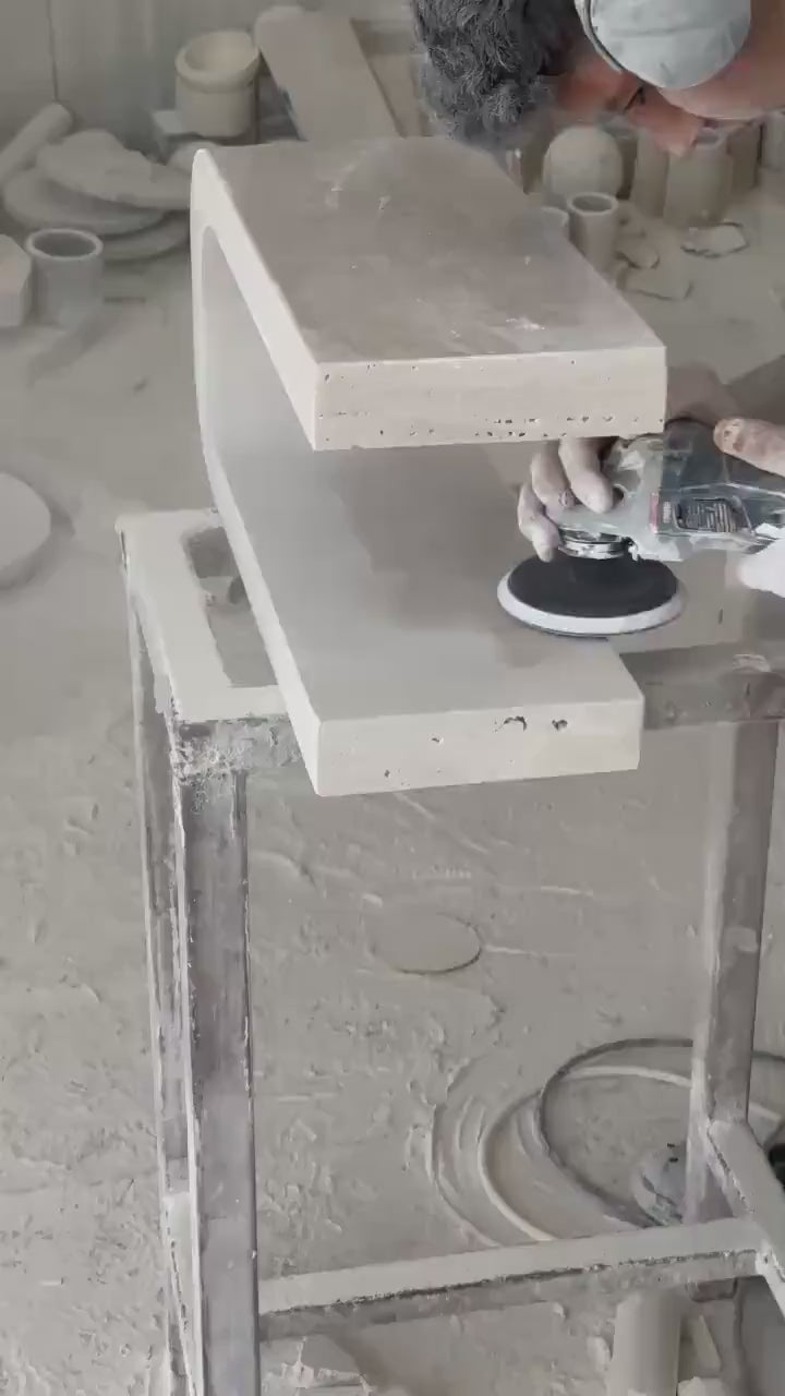 Handmade Travertine Coffee Table: Round Fluted Base, Modern Stone Furniture
